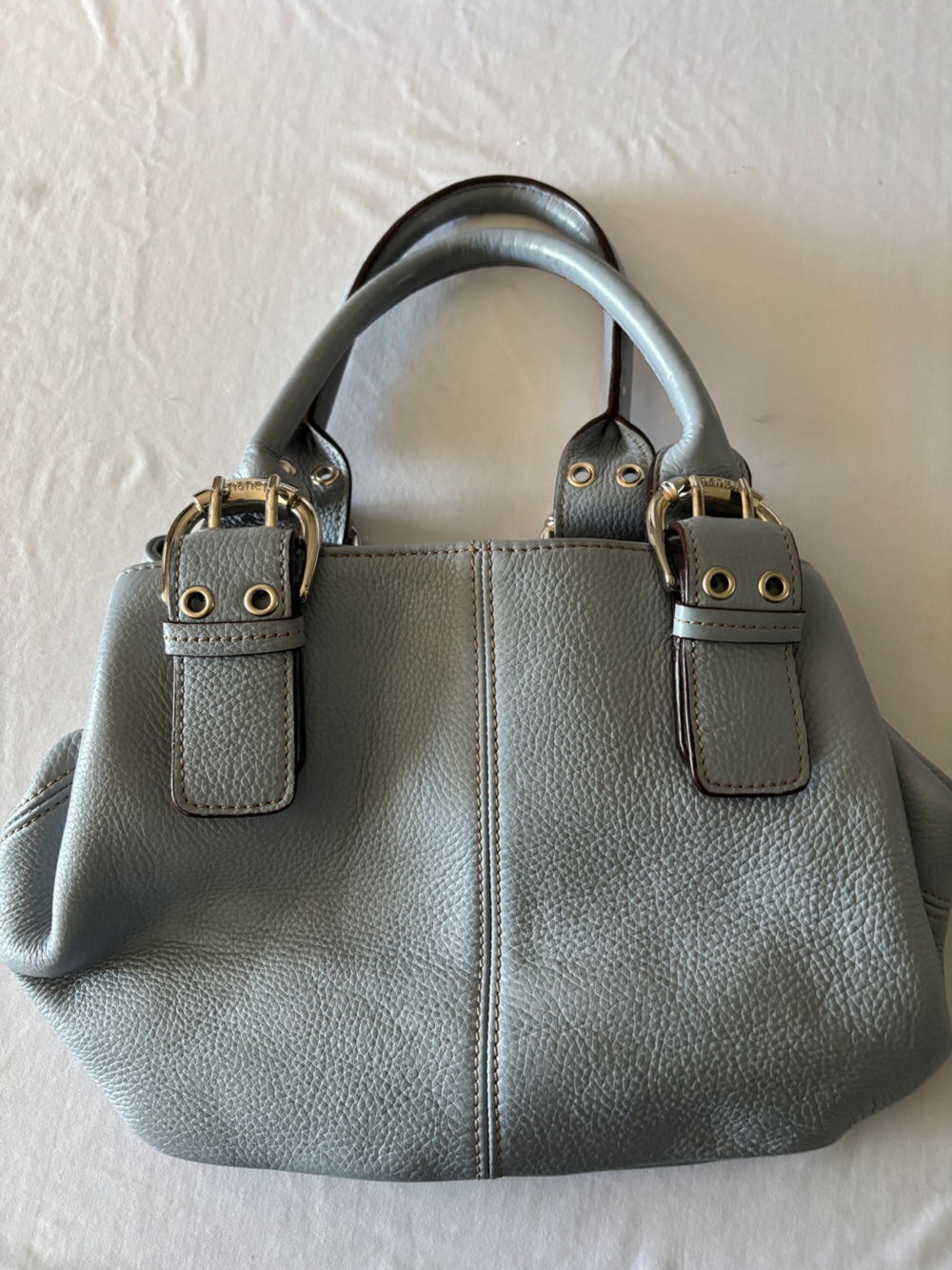Tiganello Pebbled Light Blue Leather Buckle-Accent Satchel